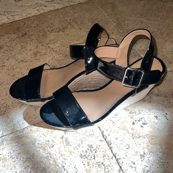 Brash Black Patent Leather Espadrille Wedge Heels sz 11 - Picture 2 of 4